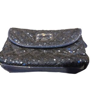 Guess Navy Blue Sequin Quilted Makeup Bag Cosmetic Case Travel Organizer Bow